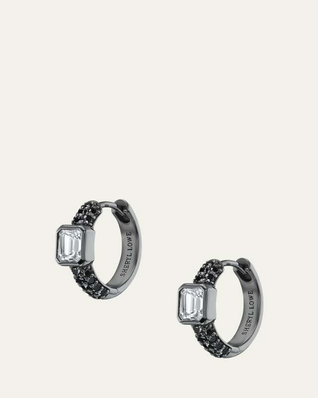 Black Pave Diamond Huggie Earrings with Bezel Set White Topaz